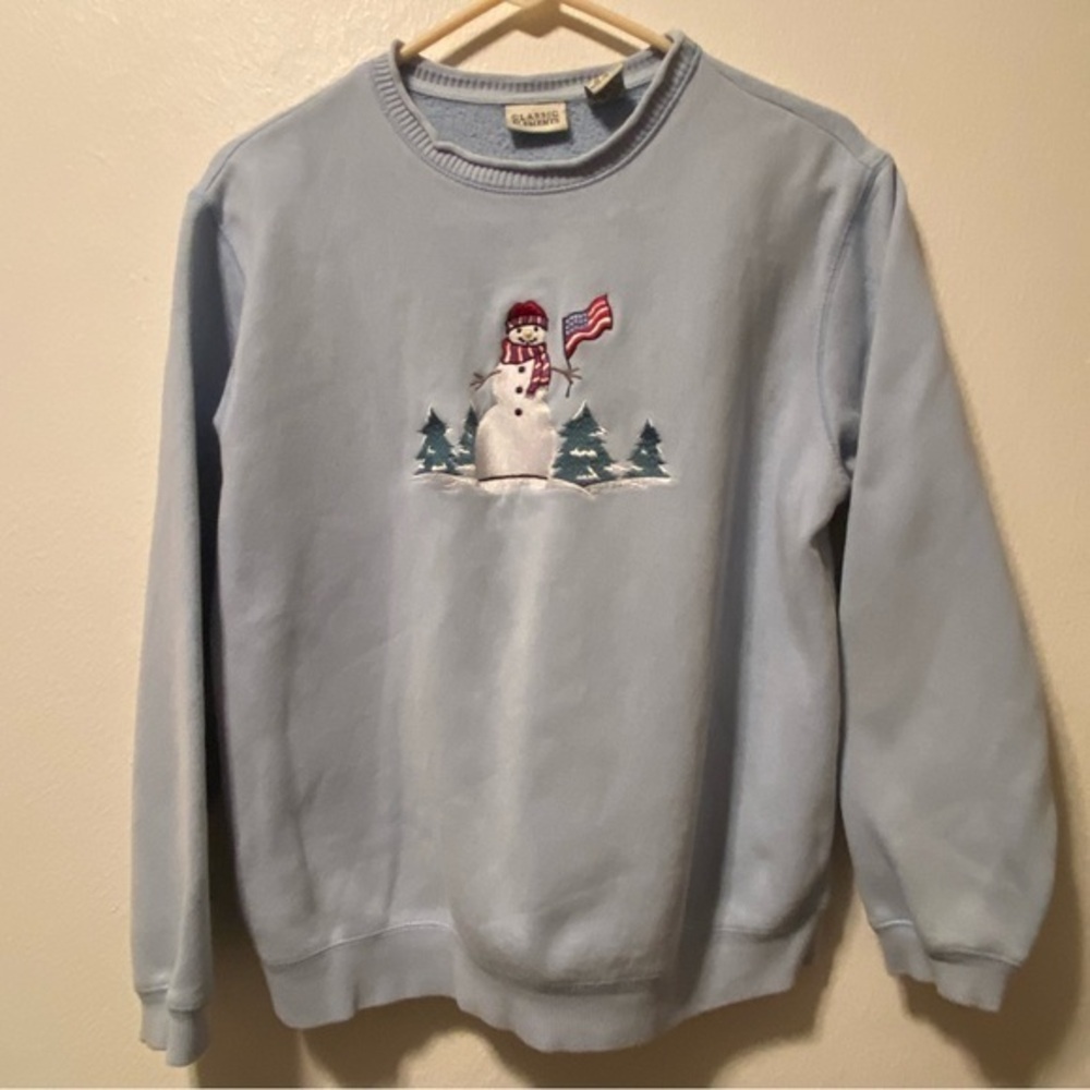 Christmas Sweatshirt Women’s Size 6-8 Blue Pullover Classic Elements Snowman